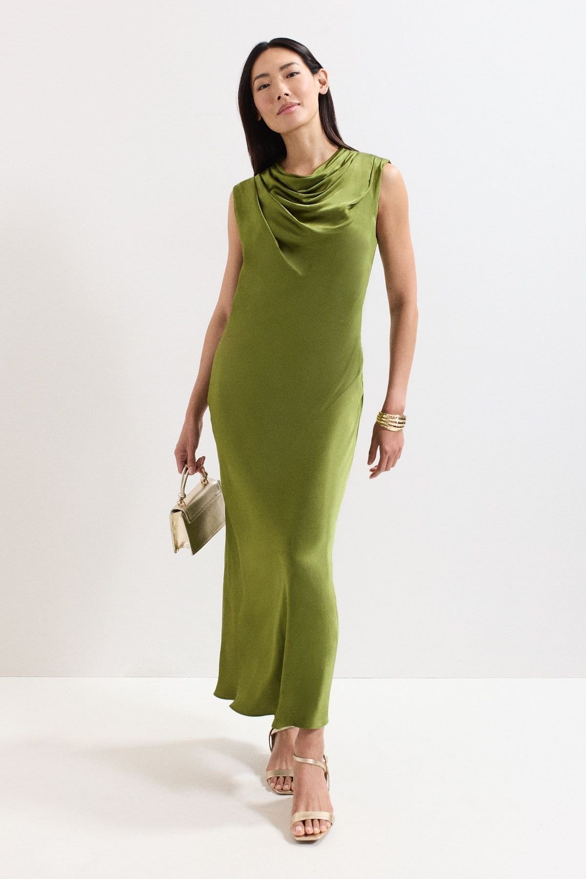 Phase Eight Olive Satin Cowl Neck Midi Dress
