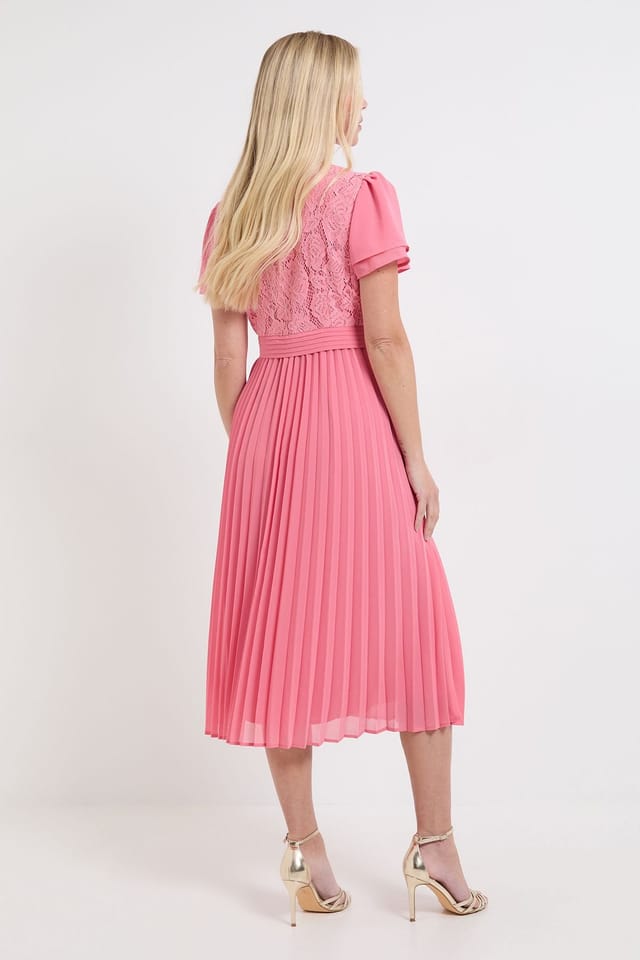 Wallis Wallis Women's Petite Lace Pleat Detail Midi Dress in Pink - 3