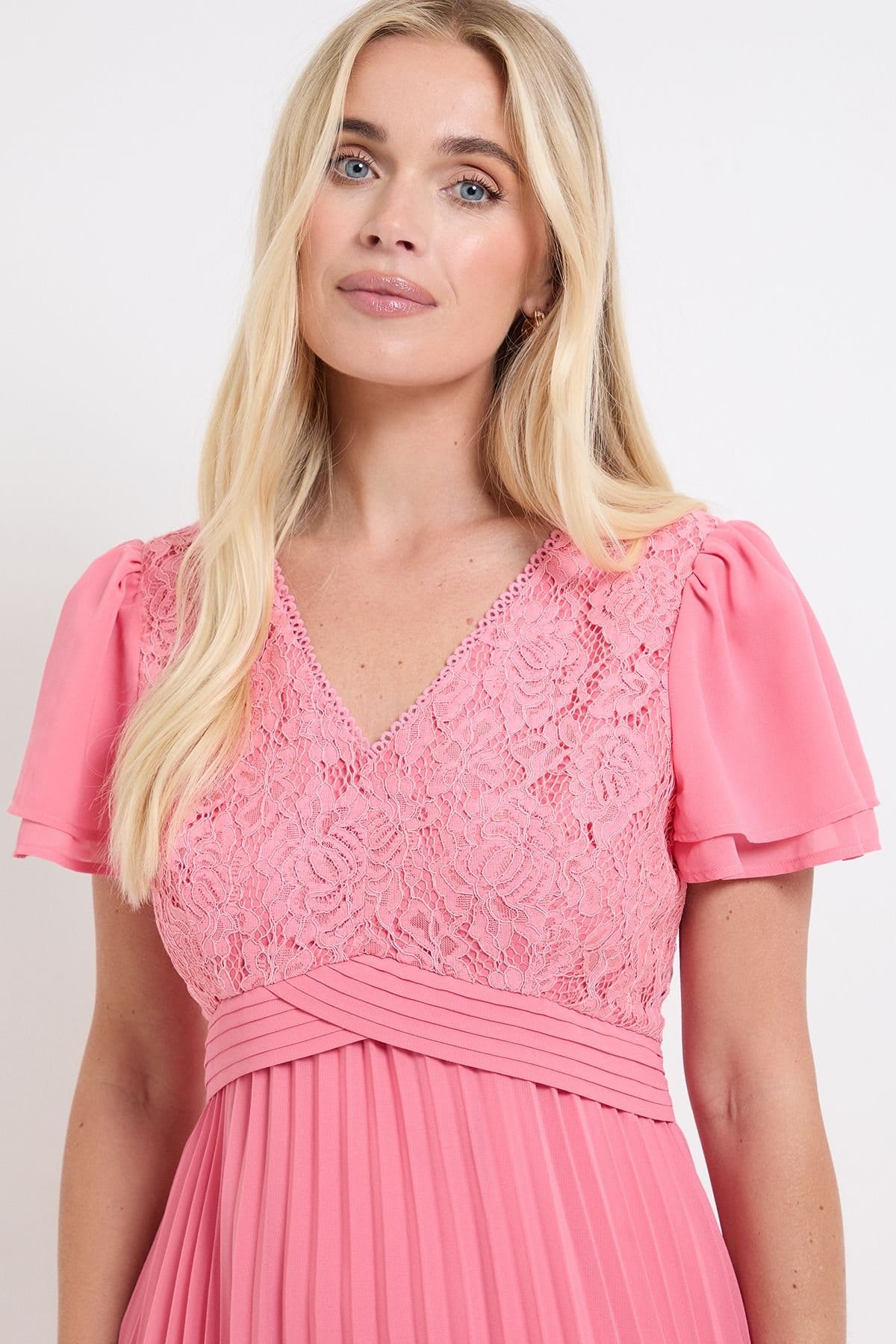 Wallis Wallis Women's Petite Lace Pleat Detail Midi Dress in Pink - 4