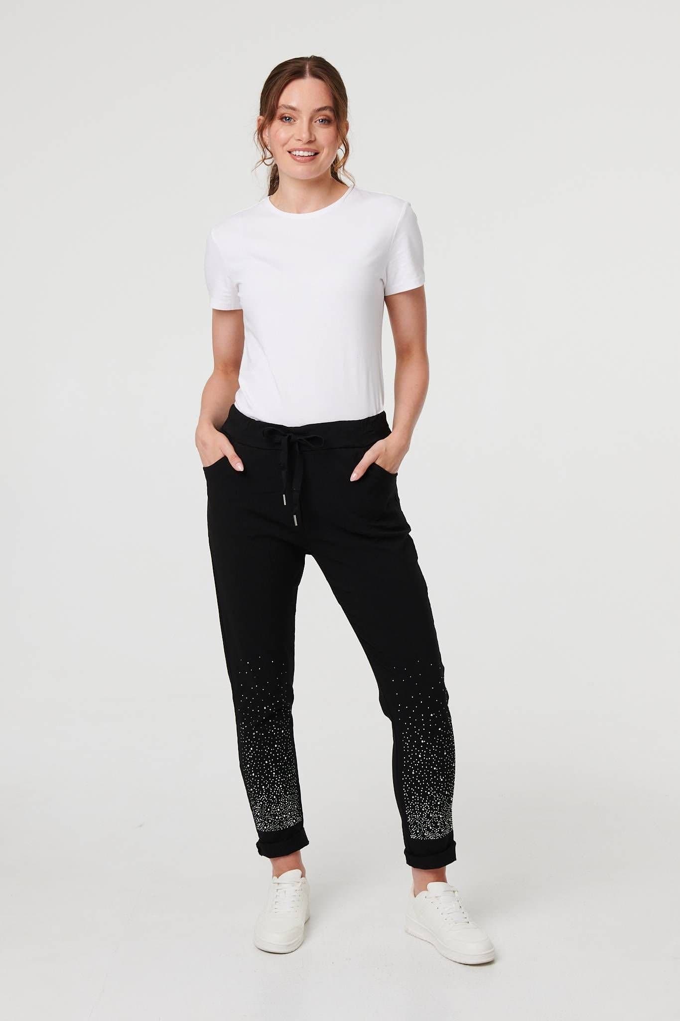 Izabel London Izabel London Women's Diamante Detail Slim Cropped Trousers in Black