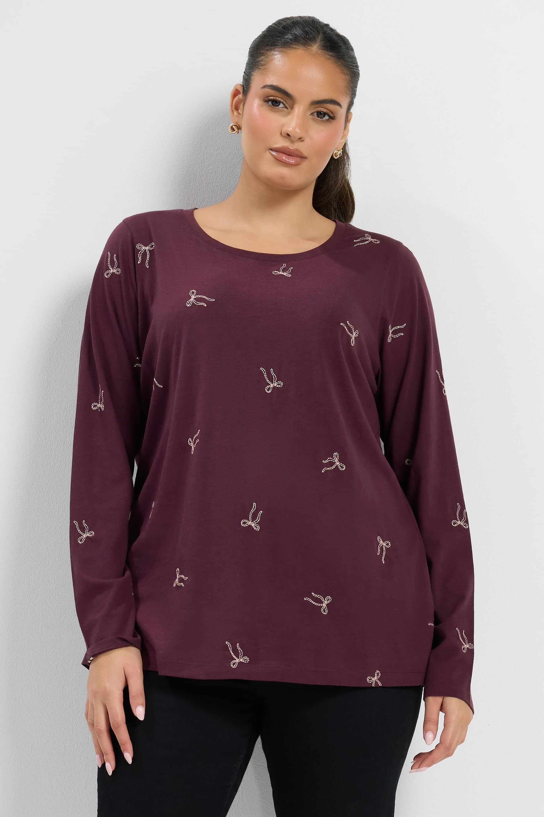 Yours Plus Size Purple Embroidered Bow Long Sleeve Tshirt