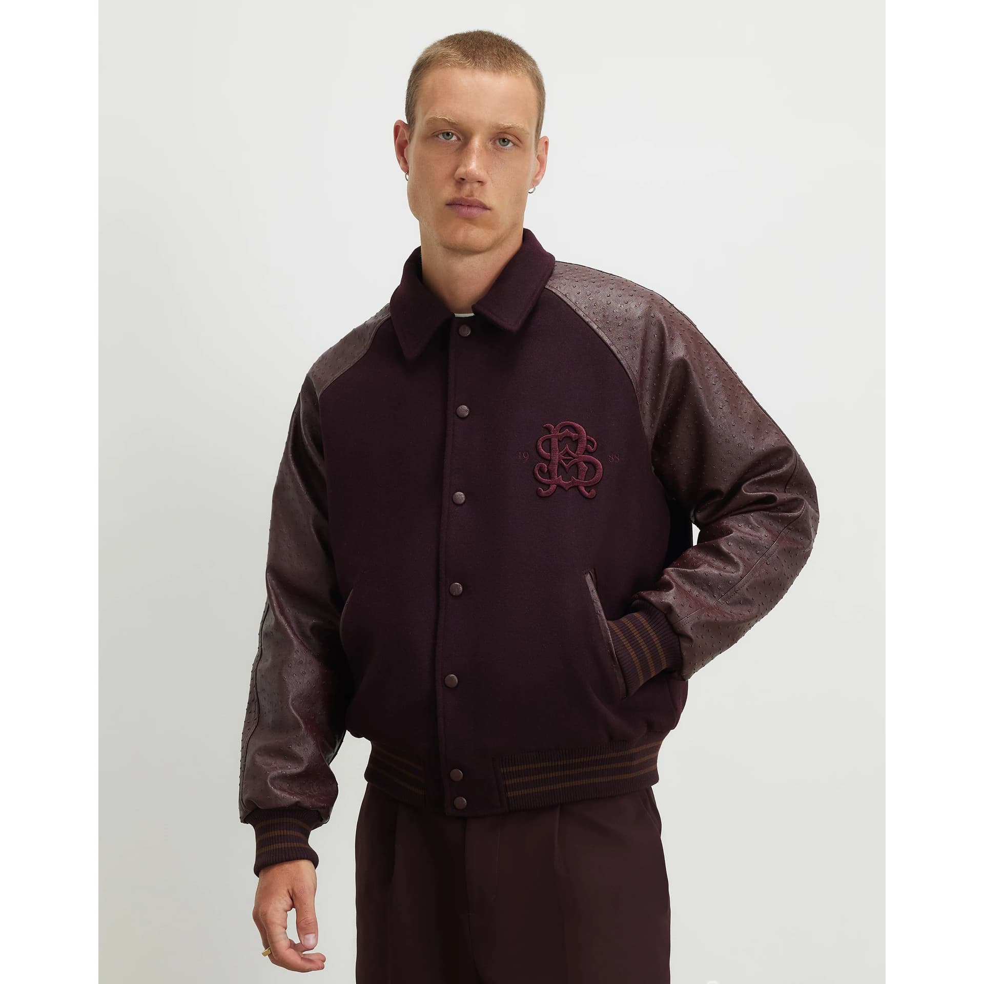 River Island Mens River Island Burgundy Faux Leather Varsity Bomber Jacket