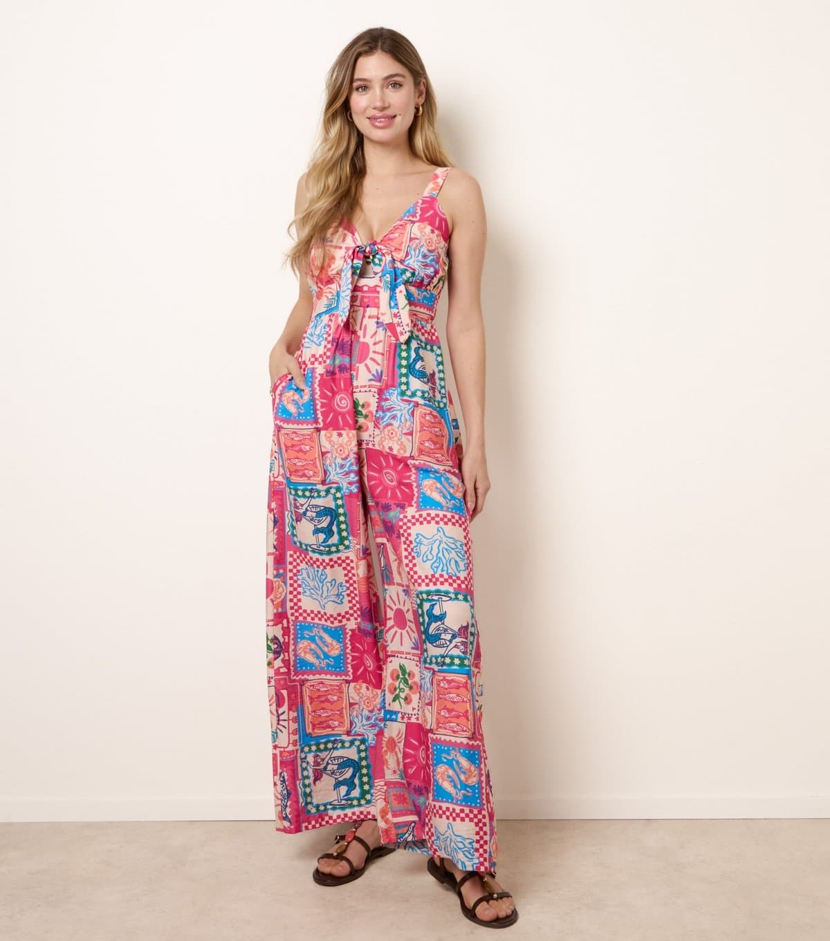 Blue Vanilla Women's Pink Postcard Print Tie Front Jumpsuit Blue Vanilla New Look