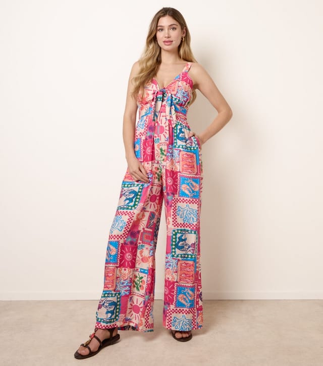 Blue Vanilla Women's Pink Postcard Print Tie Front Jumpsuit Blue Vanilla New Look - 3