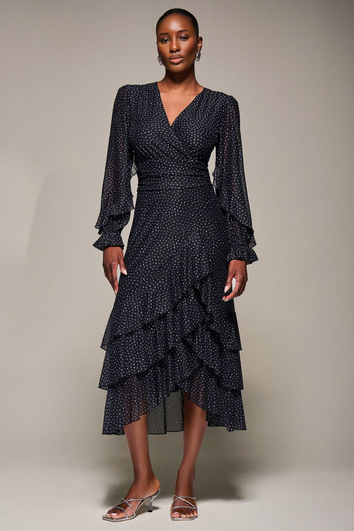 Jolie Moi Jolie Moi Women's Long Sleeve Frill Detail Mesh Maxi dress in Black