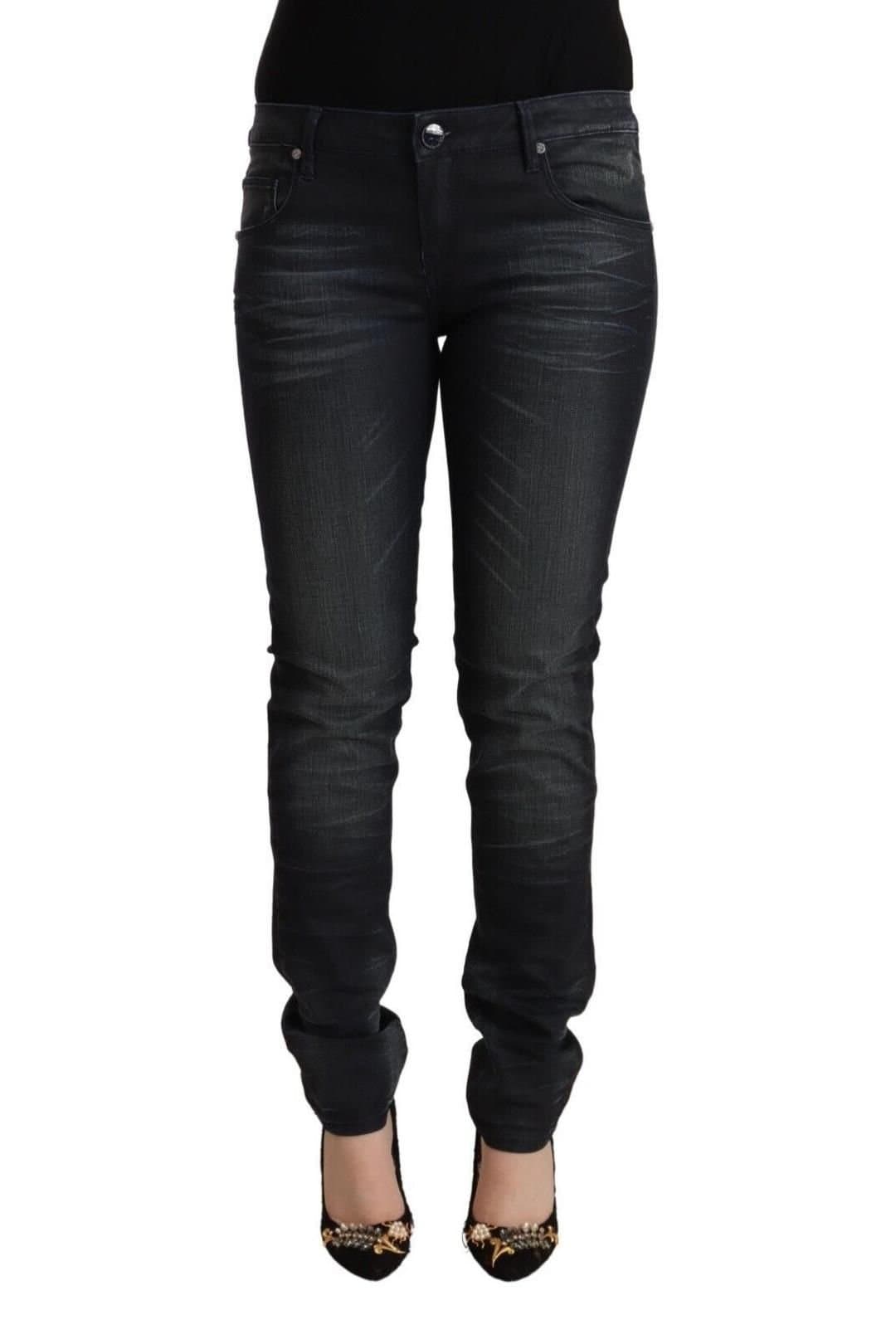 Acht Acht Women's Black Washed Cotton Low Waist Slim Fit Denim Jeans