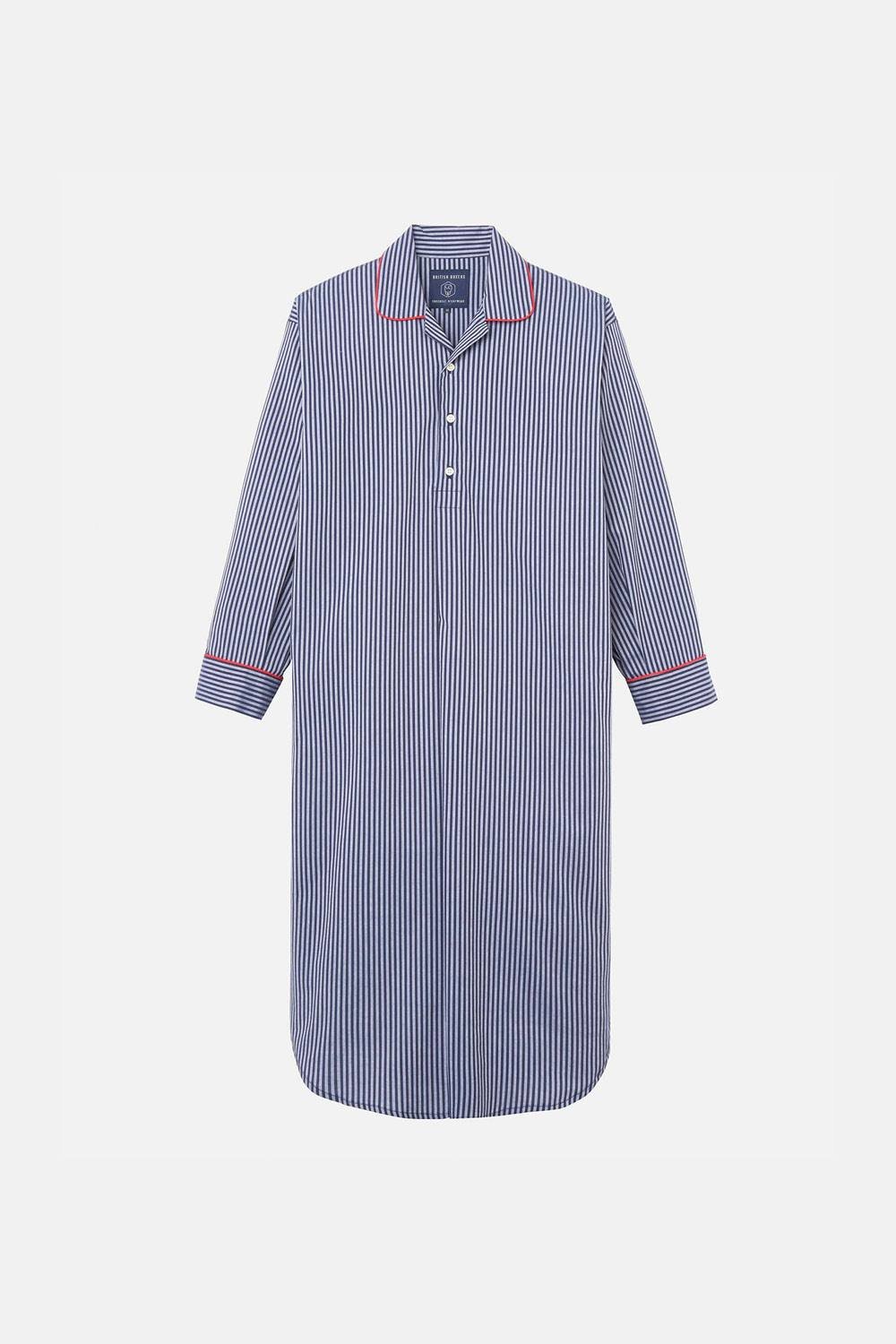British Boxers British Boxers Men's "Winchester" Stripe Crisp Cotton Nightshirt in Navy - 3