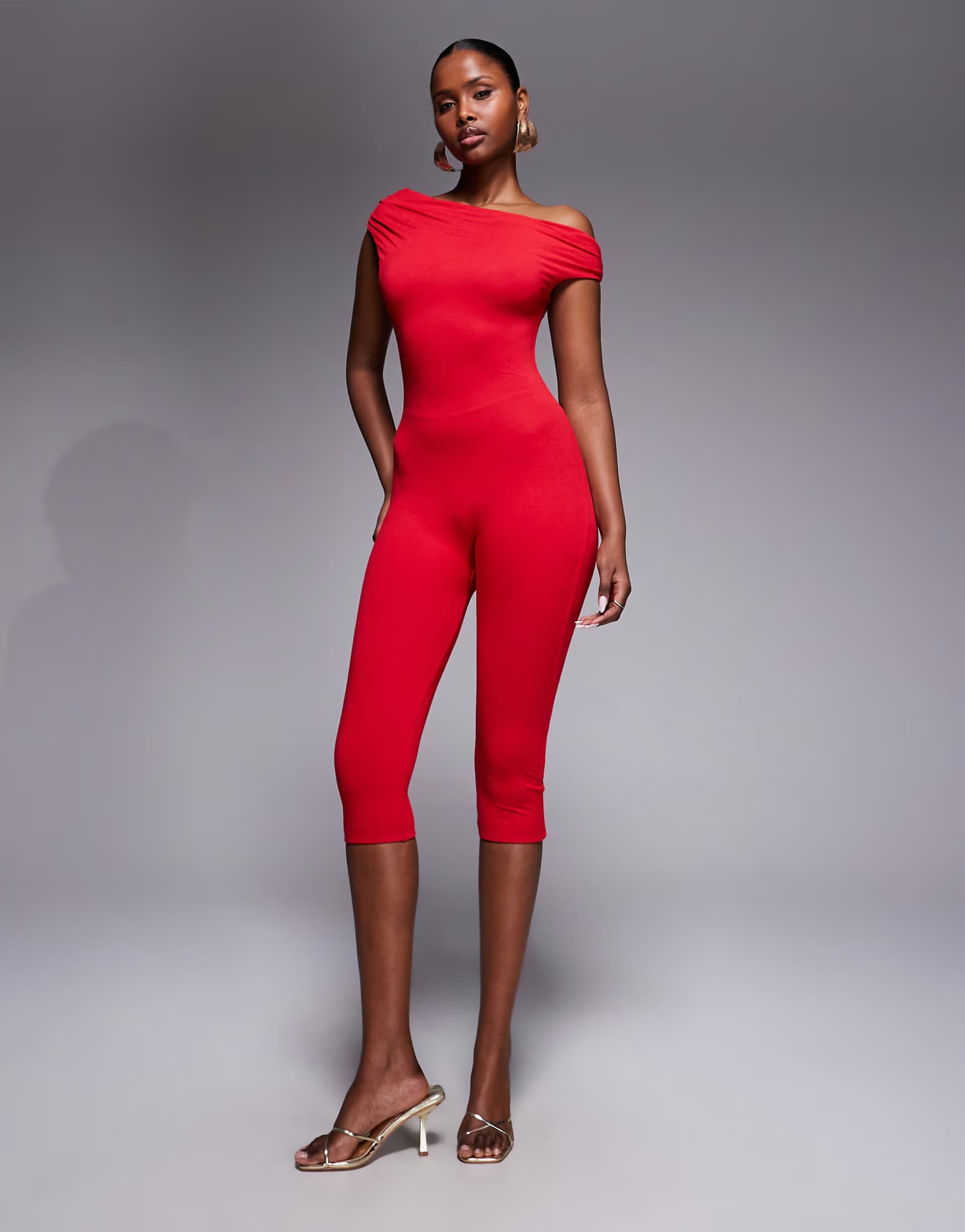 ASOS AFRM Gina asymmetric shoulder capri jumpsuit in red
