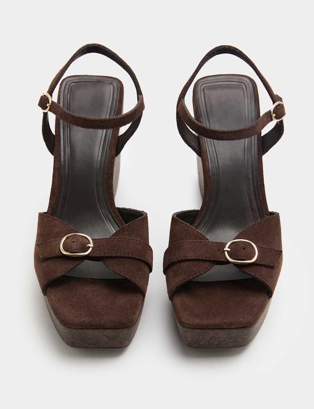 Marks & Spencer M&S Suede Buckle Ankle Strap Wedge Sandals Chocolate