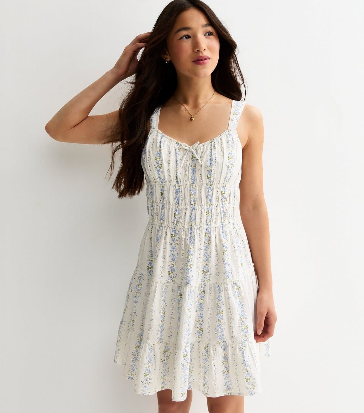 New Look Girls' White and Blue Floral Ruched Mini Dress New Look