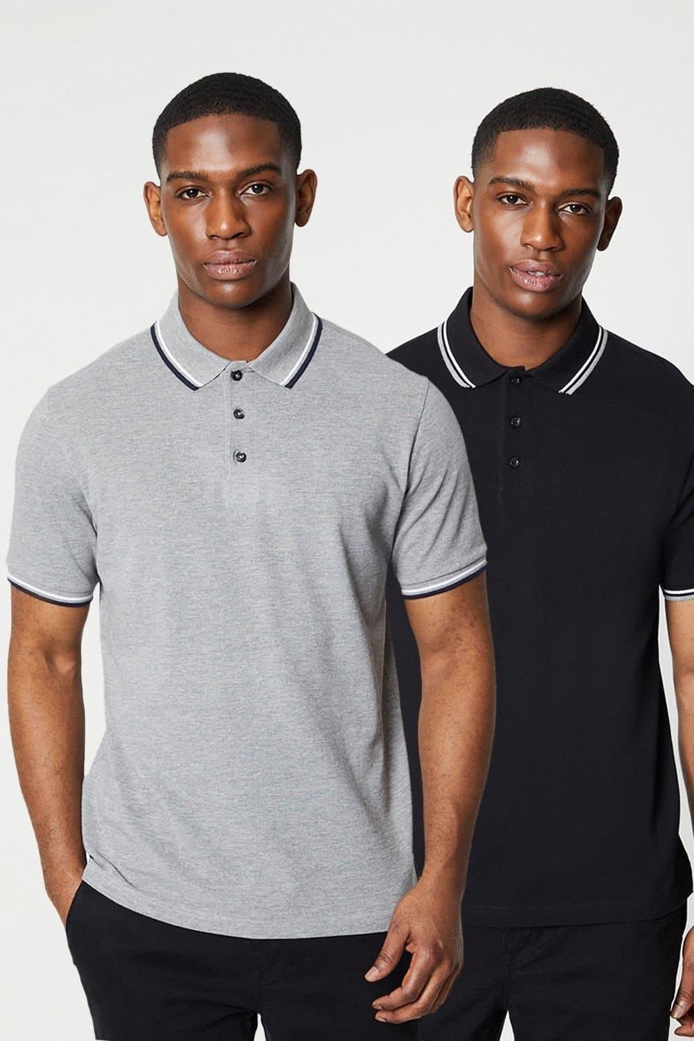 Maine Maine Men's 2 Pack Pure Cotton Tipped Polo Shirts Black/Grey