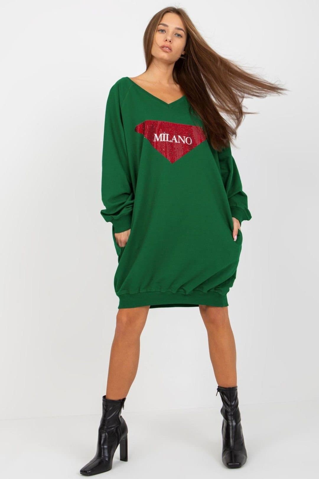 Love Lace Love Lace Women's Long V Neck Sweatshirt with Jet Stone Print Style 206025 in Green