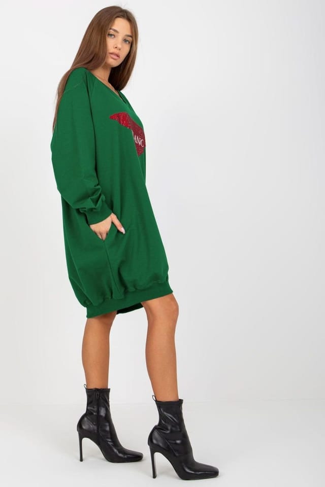 Love Lace Love Lace Women's Long V Neck Sweatshirt with Jet Stone Print Style 206025 in Green - 2