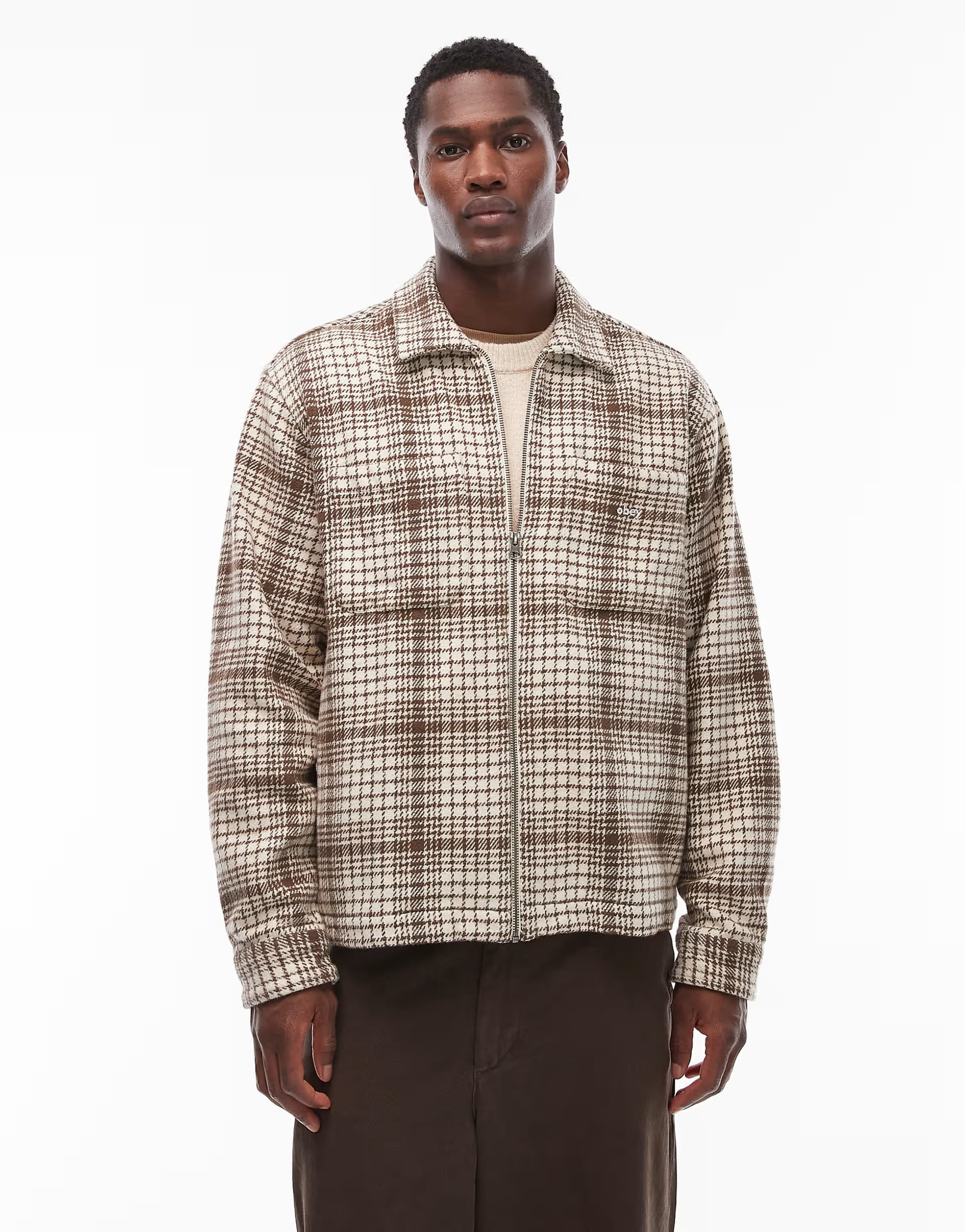 ASOS Obey parker flannel zip up shirt jacket in beige
