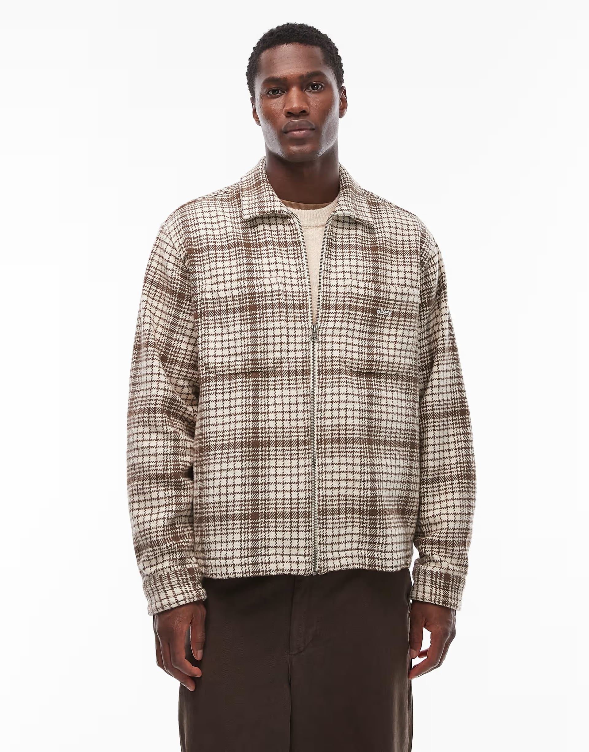 Obey Parker Flannel Zip-Up Shirt Jacket in Beige
