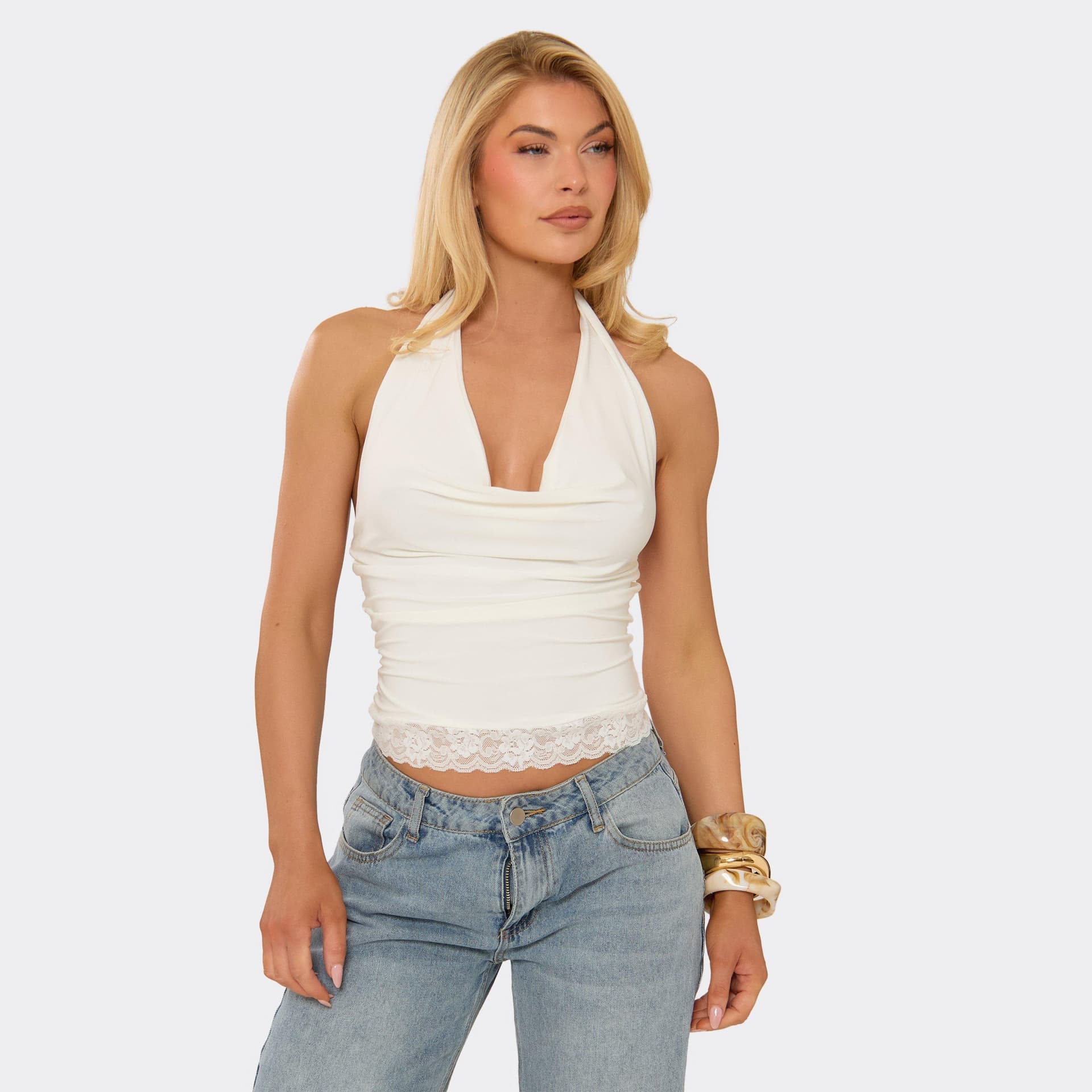 EGO Cowl Front Lace Trim Top In White Slinky, Women's Size UK 6