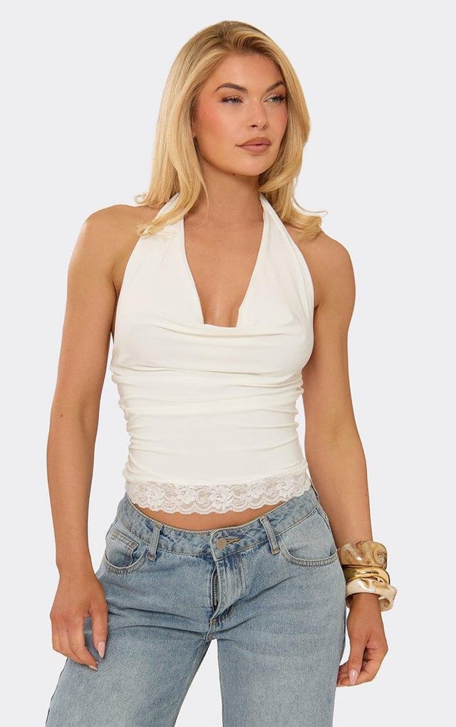 EGO Cowl Front Lace Trim Top In White Slinky, Women's Size UK 6 - 2