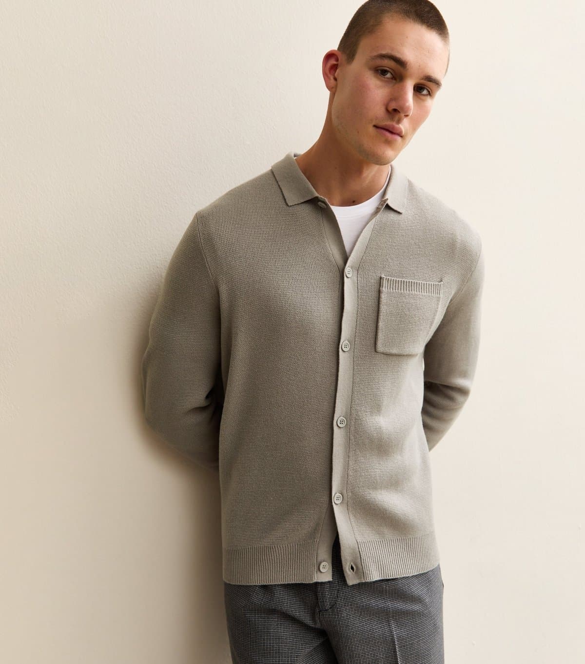 New Look Men's Light Grey Regular Fit Long Sleeve Knitted Shacket New Look