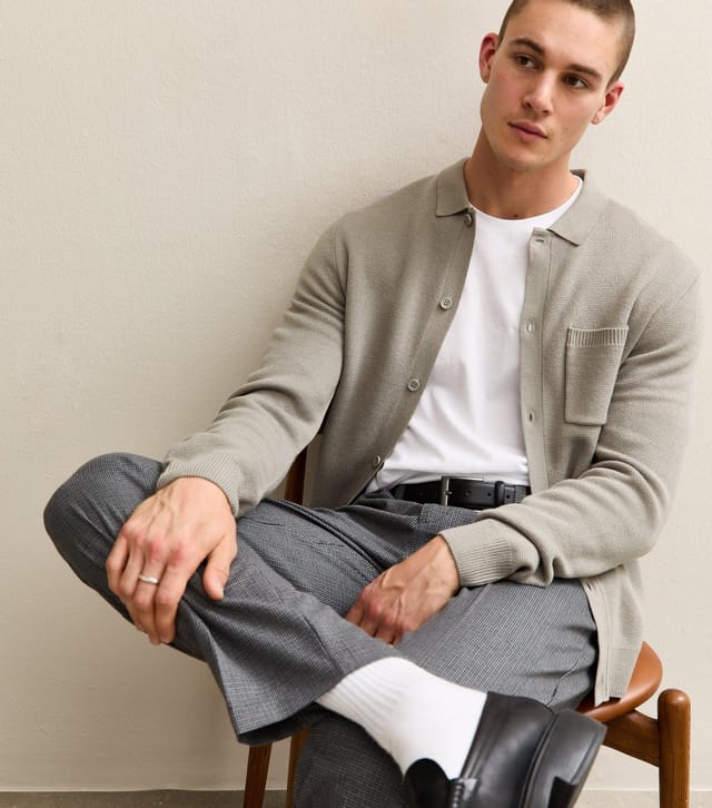 New Look Men's Light Grey Regular Fit Long Sleeve Knitted Shacket New Look - 2