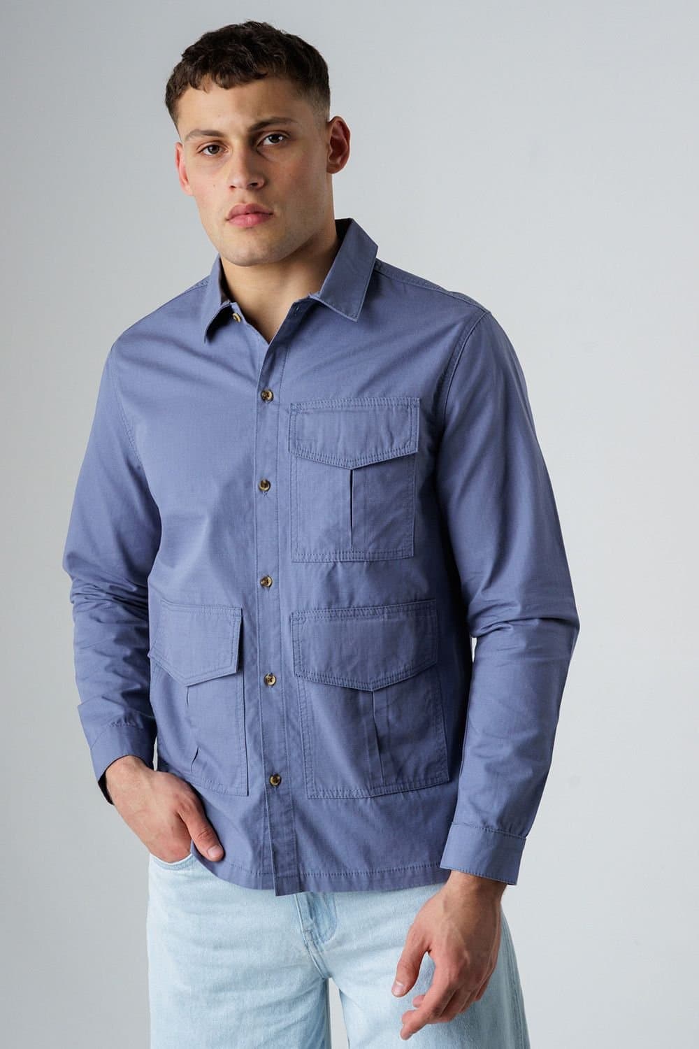 Influence Influence Men's Cotton Ripstop Utility-Style Long Sleeve Overshirt in Blue