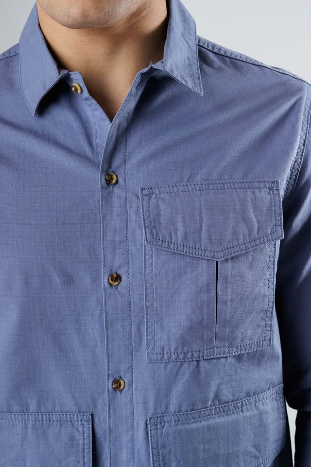 Influence Influence Men's Cotton Ripstop Utility-Style Long Sleeve Overshirt in Blue - 3