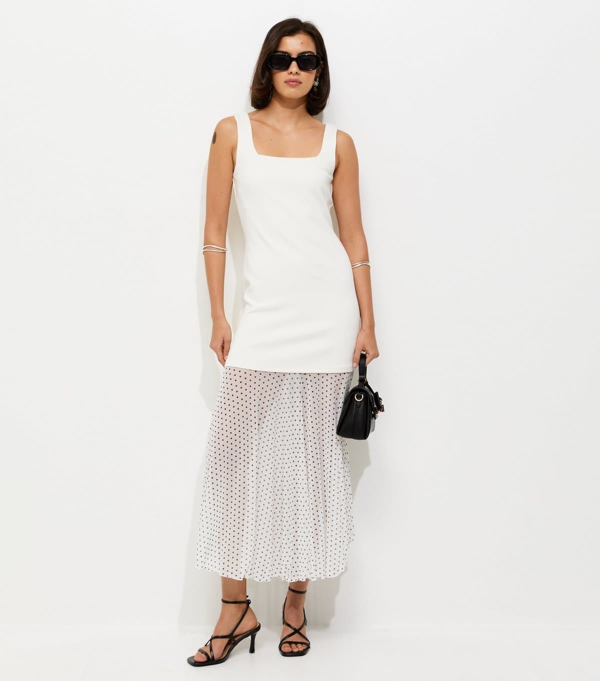 New Look Women's White 2-in-1 Polka Dot Midi Dress New Look