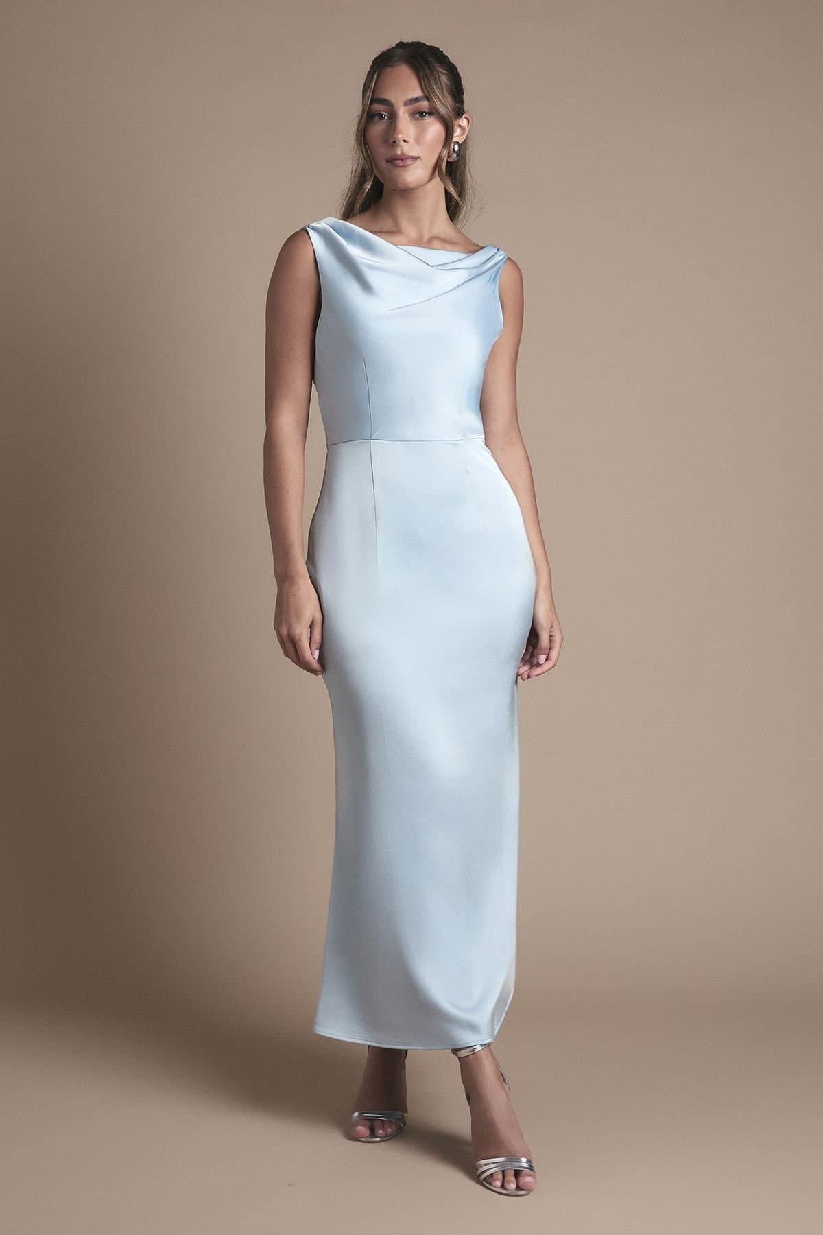 Oasis Oasis Women's Cowl Neck Open Back Midi Bridesmaid Dress in Light Blue