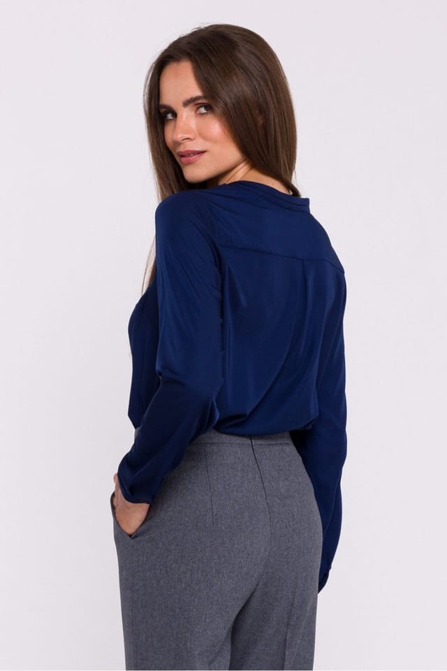 Love Lace Love Lace Women's Satin Stand Collar Blouse with Chest Pocket in Blue - 3
