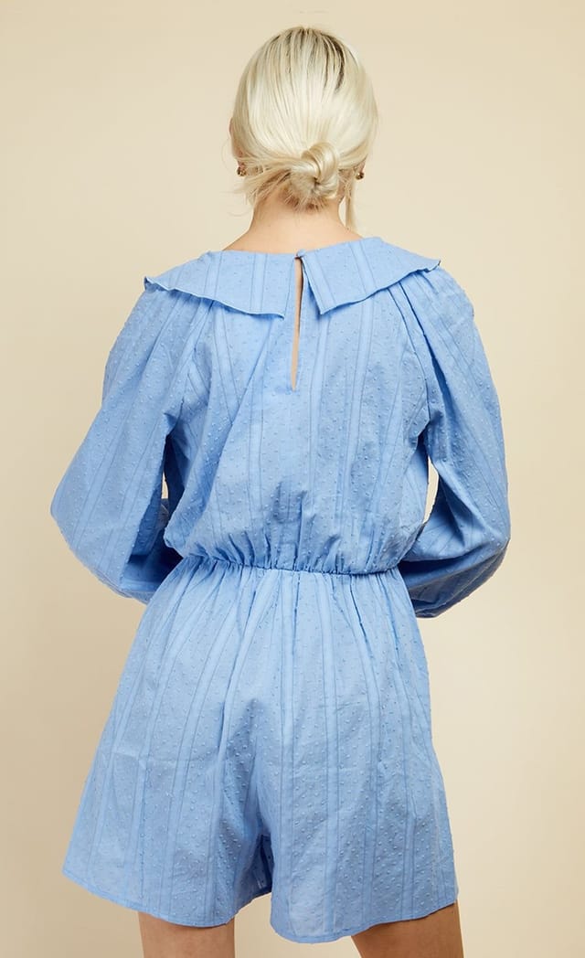 Little Mistress Little Mistress Women's Cornflower Dobby Spot Frill Playsuit in Light Blue - 2
