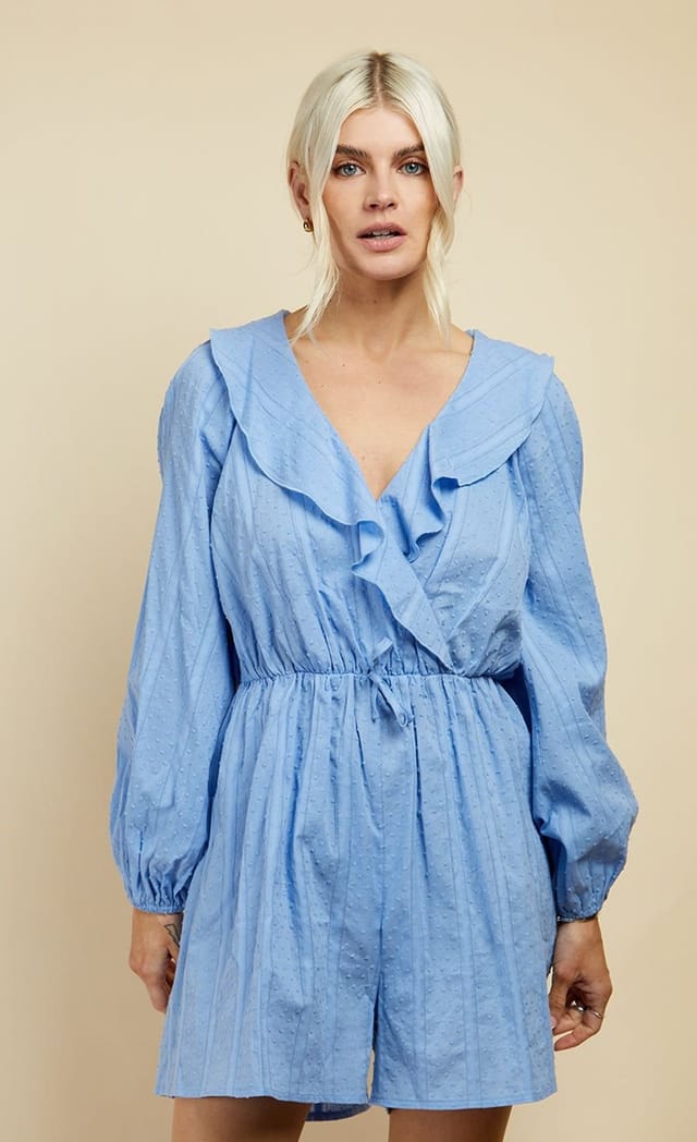 Little Mistress Little Mistress Women's Cornflower Dobby Spot Frill Playsuit in Light Blue - 3