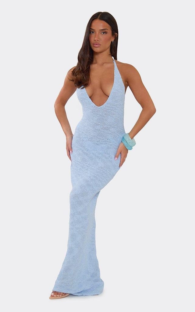 EGO Plunge Halterneck Tie Back Maxi Dress In Blue Knit., Women's Size UK L - 2