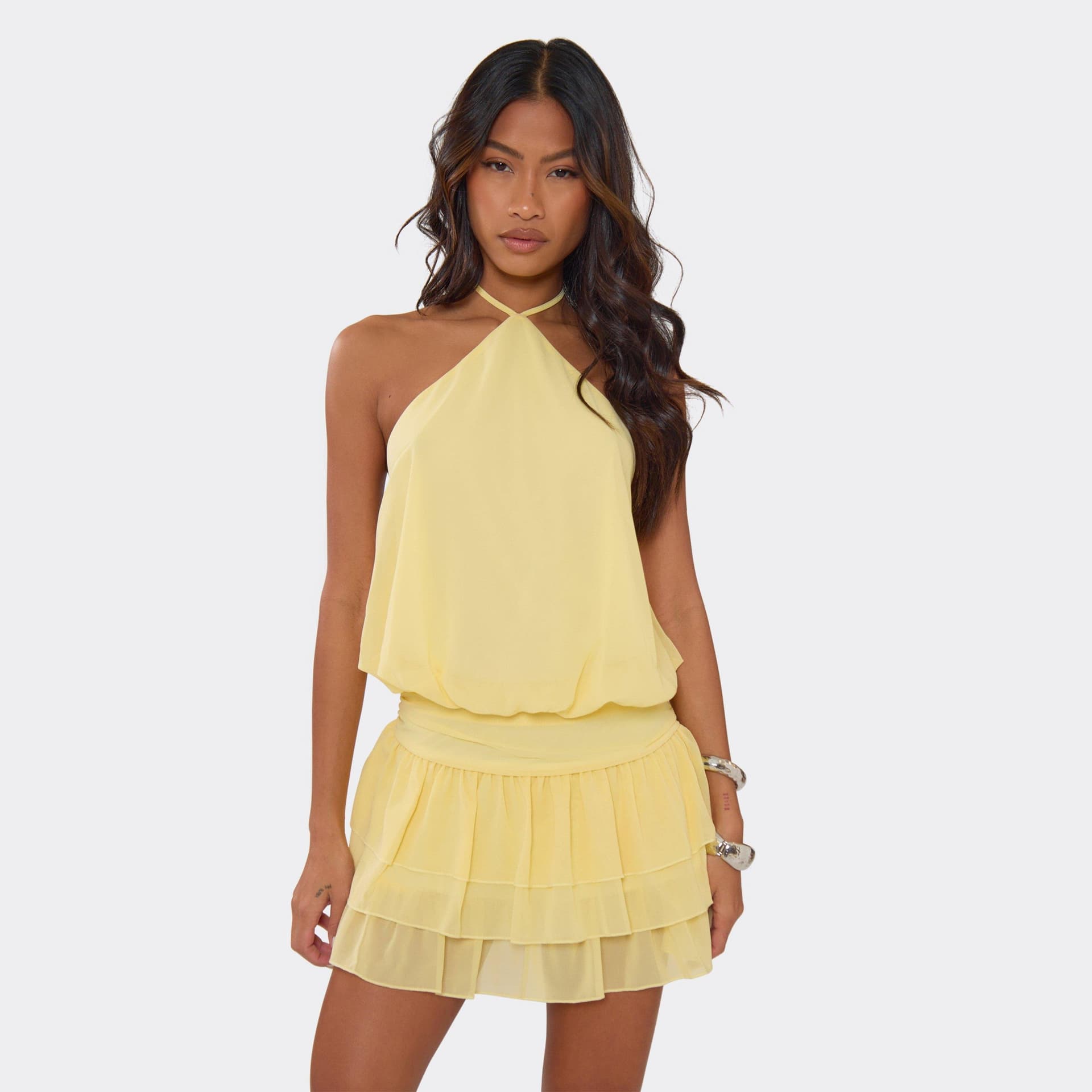 EGO Halterneck Ruffle Skirt Detail Mini Dress In Lemon, Women's Size UK 6