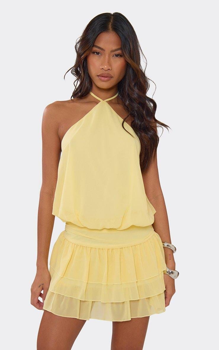EGO Halterneck Ruffle Skirt Detail Mini Dress In Lemon, Women's Size UK 6 - 2