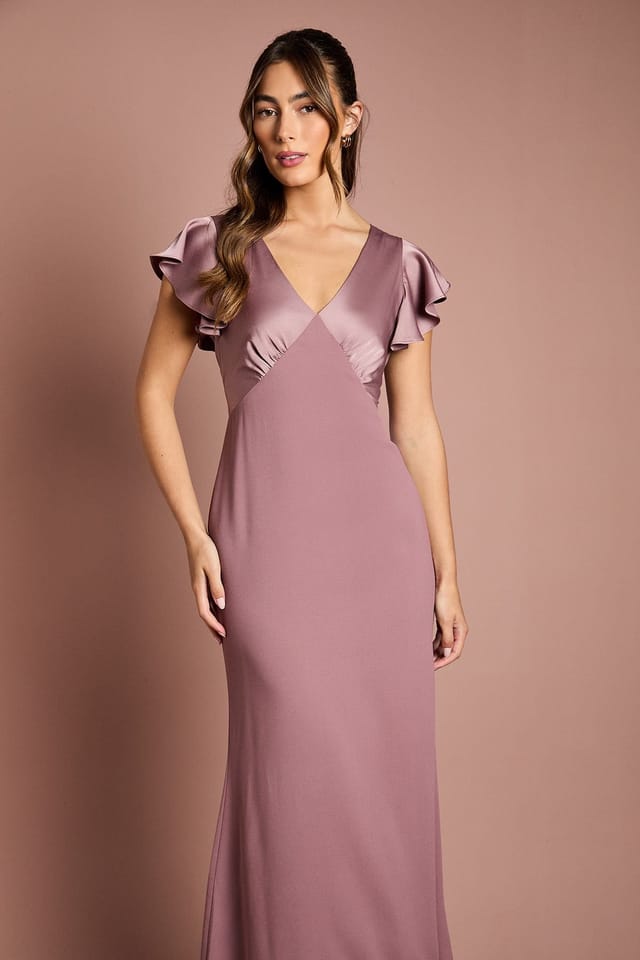 Coast Coast Women's Honoured V Neck Angel Short Sleeve Satin Maxi Bridesmaid Dress in Dusty Mauve - 2
