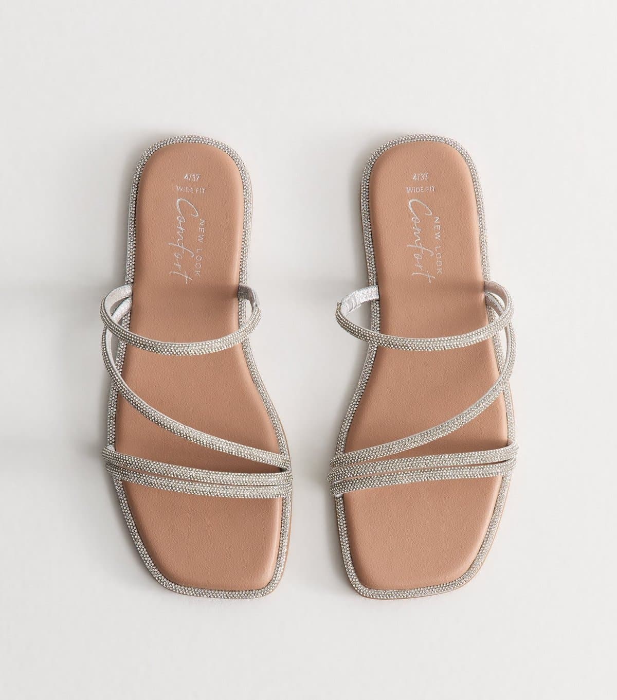 New Look Women's Wide Fit Silver Multi Strap Diamanté Embellished Sandals Vegan New Look