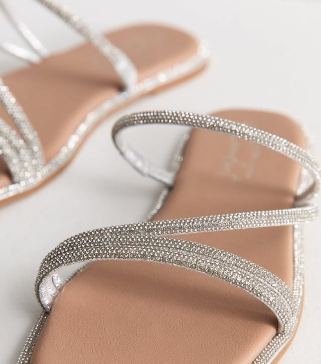 New Look Women's Wide Fit Silver Multi Strap Diamanté Embellished Sandals Vegan New Look - 3