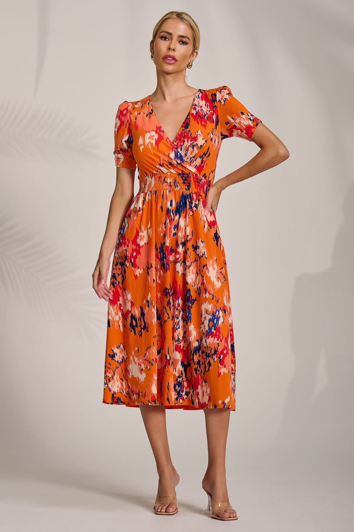 Jolie Moi Jolie Moi Women's Short Sleeve Printed Jersey Midi Dress in Orange