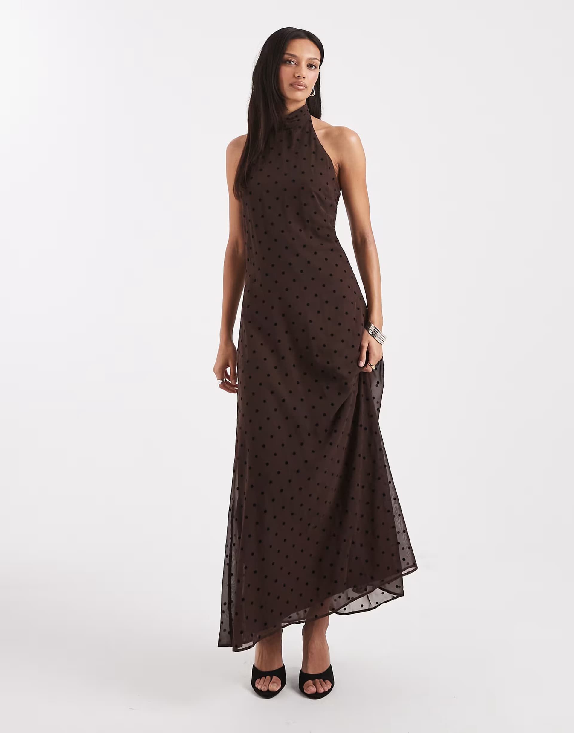 ASOS ASOS DESIGN chiffon high neck maxi dress in chocolate spot