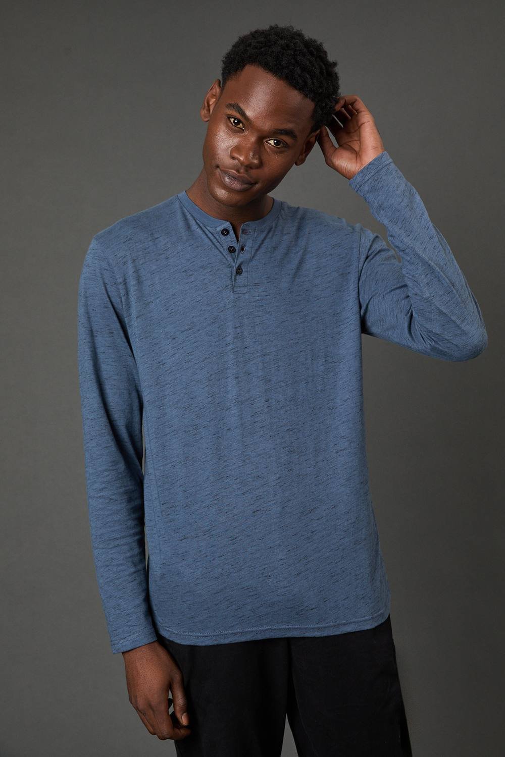 Maine Maine Men's Blue Long Sleeve Slub Grandad Neck T-Shirt - 2