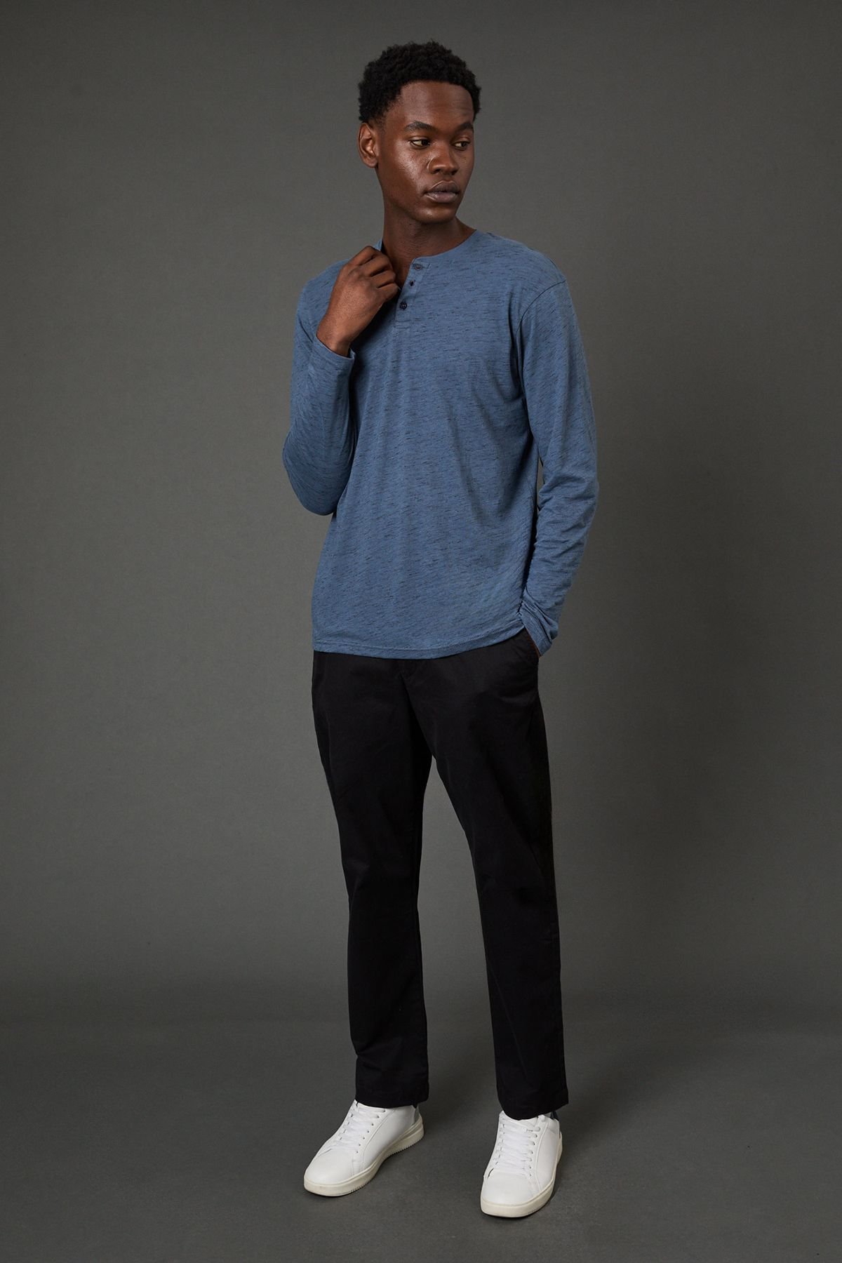 Maine Maine Men's Blue Long Sleeve Slub Grandad Neck T-Shirt - 4