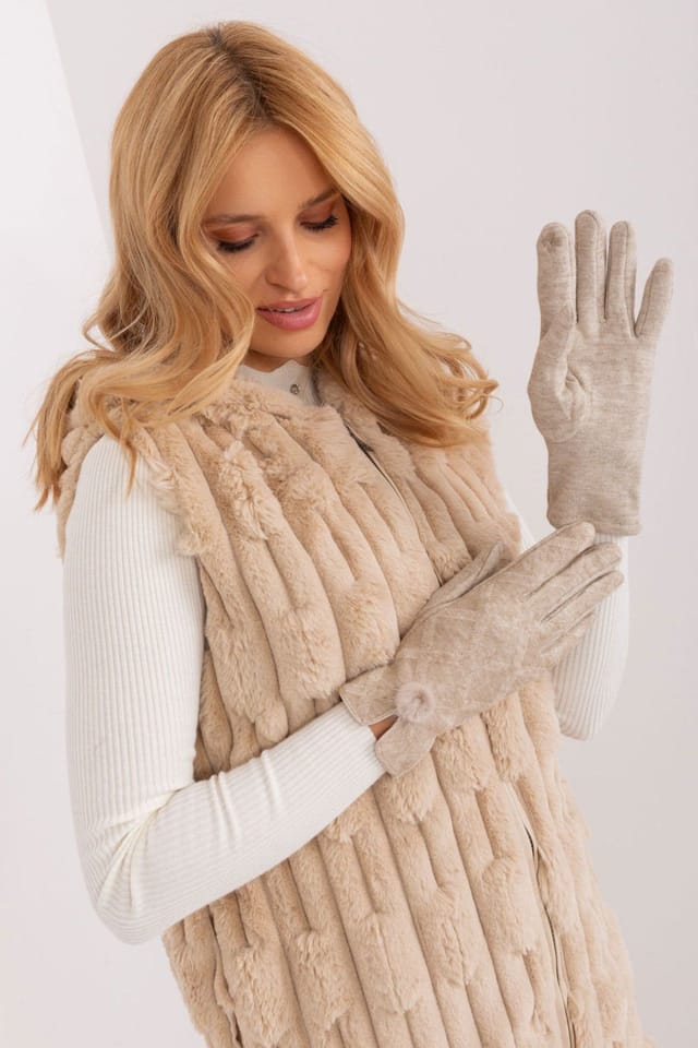 Love Lace Love Lace Women's Elegant Insulated Touchscreen Gloves Geometric Pattern Pom Poms in Beige - 2