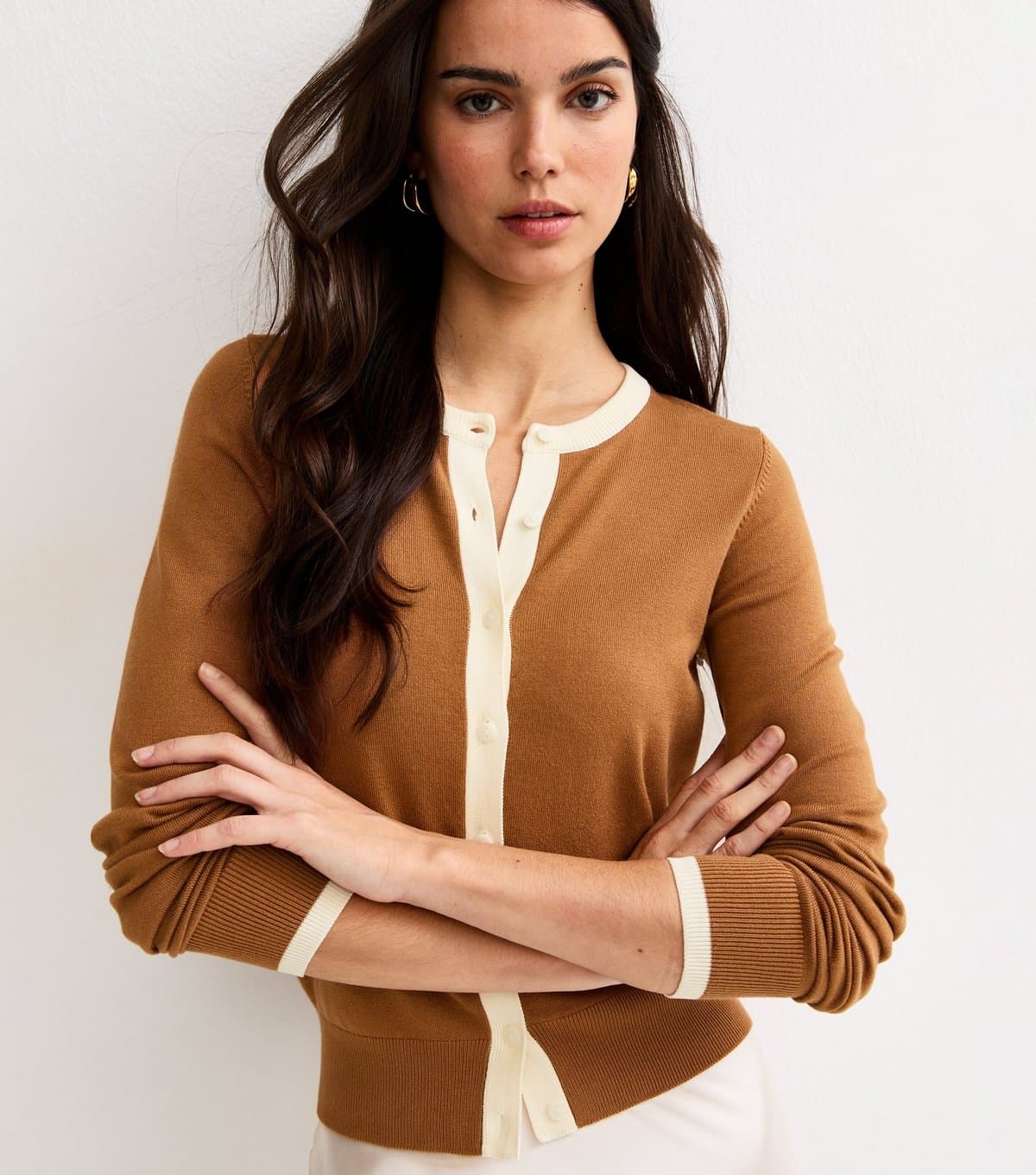 New Look Women's Brown Trimmed Crew Neck Knit Cardigan New Look