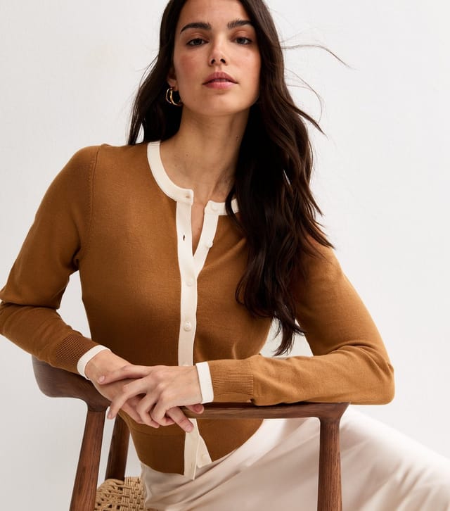 New Look Women's Brown Trimmed Crew Neck Knit Cardigan New Look - 2