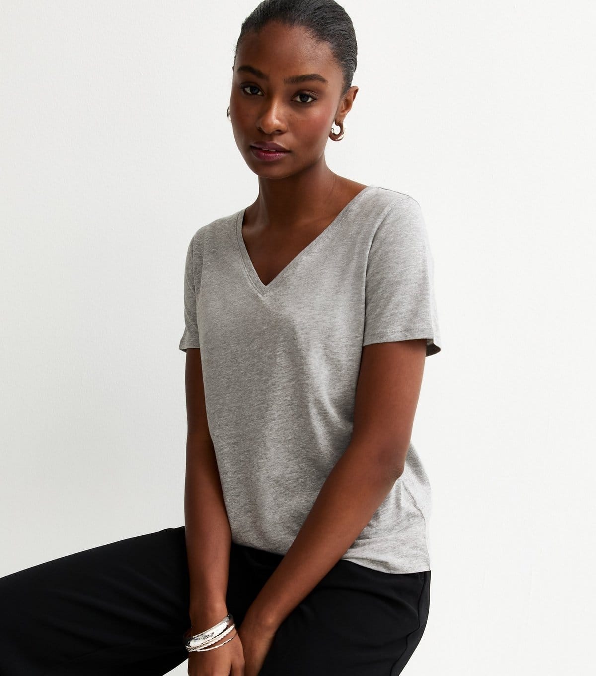 New Look Grey Cotton V-Neck T-Shirt