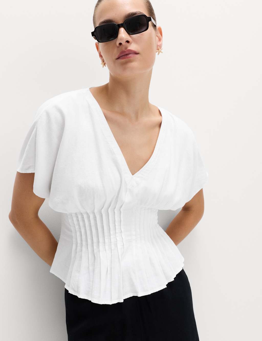 Marks & Spencer M&S Linen Rich Waisted Top White - 1
