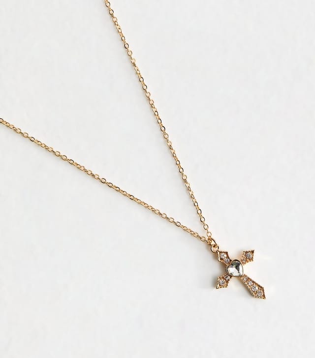 New Look Gold Tone Diamanté Cross Necklace New Look - 3