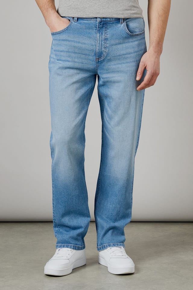 Burton Burton Men's Light Wash Stretch Straight Fit Jeans in Light Blue - 2