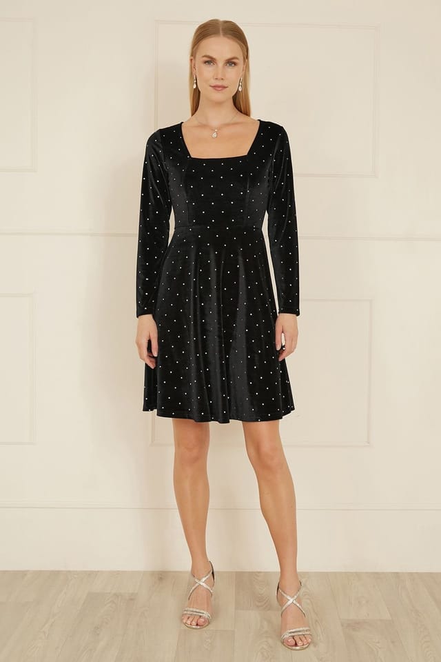 Yumi Yumi Women's Black Skater Dress With Diamantes & Long Sleeve - 2
