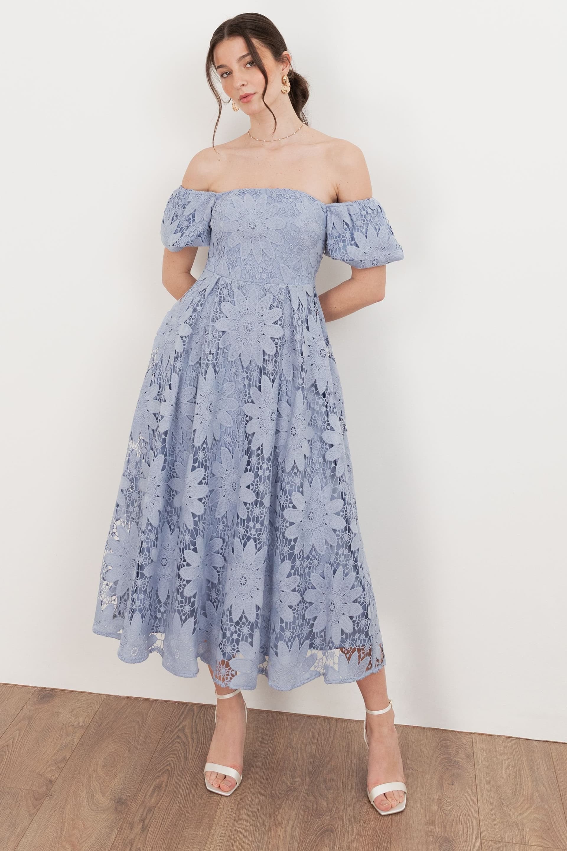 Maya Deluxe Maya Deluxe Women's Bardot Puff Short Sleeve Lace Midi Dress in Blue