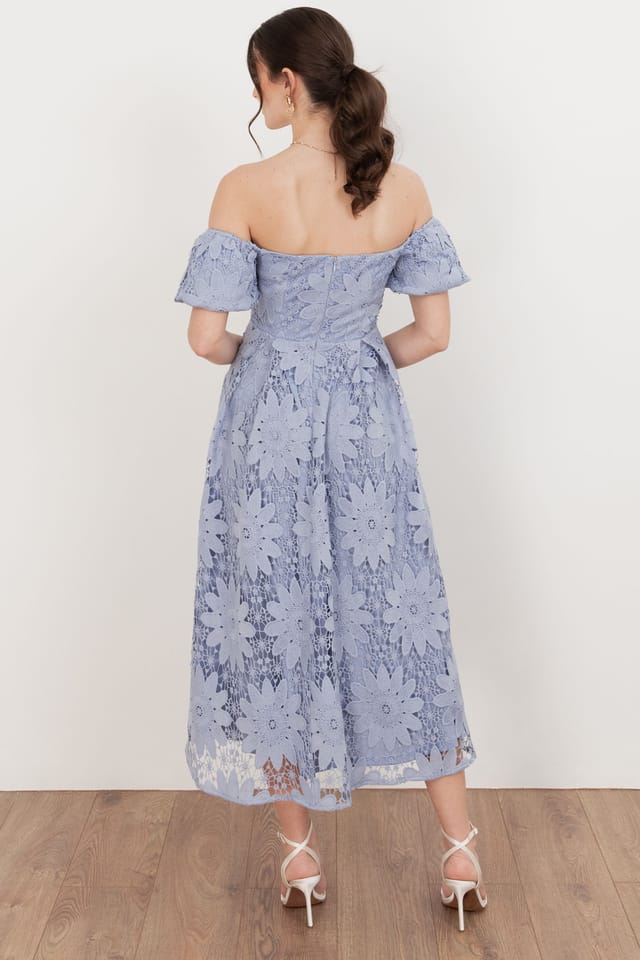 Maya Deluxe Maya Deluxe Women's Bardot Puff Short Sleeve Lace Midi Dress in Blue - 2